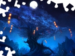 Night, Lanterns, moon, trees