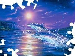Three, water, moon, dolphins