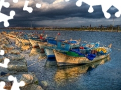 moored, Boats, storm, Sky, Gulf