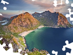 Moskenesoya Island, Norway, sea, Kvalvika Beach, Mountains, Lofoten