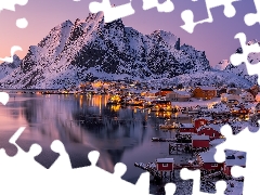 Moskenesoya Island, Reine Village, winter, Houses, Mountains, Lofoten, Norway, light