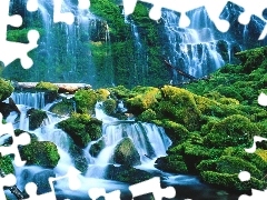 waterfall, cascade, Moss, green