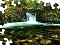 waterfall, viewes, Moss, trees