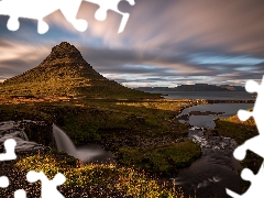 River, iceland, clouds, Kirkjufellsfoss Waterfall, grass, Kirkjufell Mountain