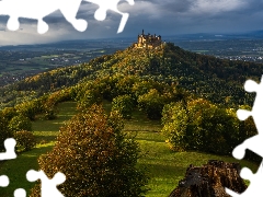 Hohenzollern Castle, Hohenzollern Mountain, forest, trees, Baden-Württemberg, Germany, clouds, Hill, viewes