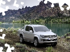 volkswagen amarok, lake, Mountains