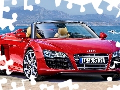 Mountains, water, Audi R8, Cabrio, Red