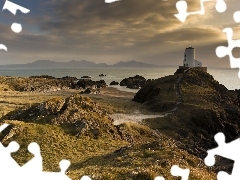 rocks, maritime, clouds, sea, Lighthouse, Mountains, autumn