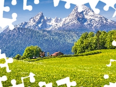 Bavaria, Germany, house, forest, viewes, Alps Mountains, Berchtesgaden National Park, trees