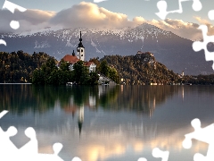 Mountains, Church, reflection, Island, clouds, Lake Bled, Slovenia, Bled Island