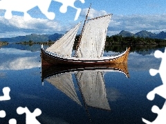 Boat, lake, Mountains, sail