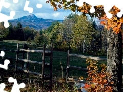 fence, viewes, Mountains, trees