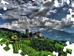 field, Mountains, Austria, clouds, Tirol, medows, village, South