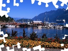 Mountains, Flowers, Ship, motorboat, port