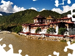 River, China, Mountains, forest, bridge, palace