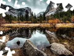 State of California, The United States, Yosemite National Park, Mountains, viewes, Mirror Lake, rocks, trees, Half Dome Peak