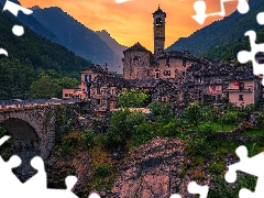 Mountains, bridge, Switzerland, River, Ticino Canton, Houses, Church, Lavertezzo