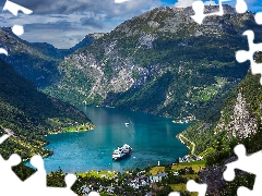 Mountains, Norway, Houses, Ship, Gulf, Fiord Geirangerfjorden