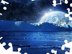 Mountains, ice, star, sea, moon