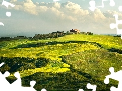 roads, Houses, Tuscany, medows, vineyard, Mountains, Italy