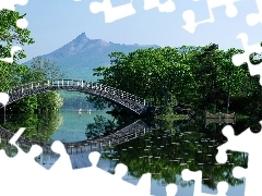 trees, bridges, mountains, Japan, viewes, water