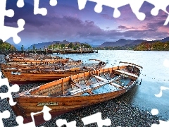 lake, Boats, Mountains, coast