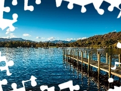 lake, Boats, Mountains, Platform