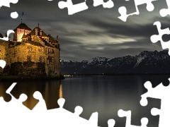 Mountains, Night, Castle, lake, Floodlit