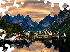 Reine Village, Norway, Mountains, clouds, Houses, Lofoten