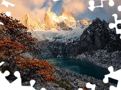 Mountains, mount, clouds, Fitz Roy, trees, Patagonia, Argentina, lake