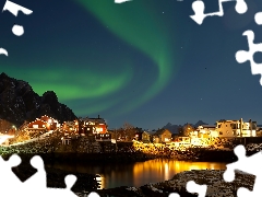 Mountains, aurora polaris, colony, lake, Houses