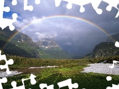 Great Rainbows, clouds, Mountains, Sky