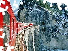 Red, bridge, Mountains, Train