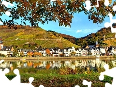 River, Church, Mountains, Houses