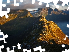 Mountains, Norway, sea, clouds, peaks, Senja Island