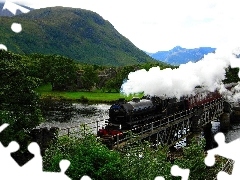 Train, River, Mountains, bridge