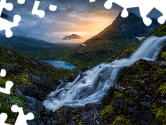 Mountains, waterfall, Sunrise, lake, clouds, Romsdalen Valley, Norway, Fog