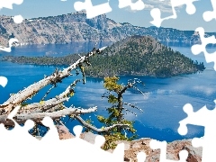 trees, Island, broken, Mountains, lake, viewes, Lod on the beach