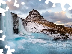 Mountains, frozen, waterfall