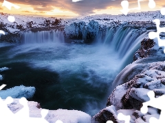 Godafoss Waterfall, iceland, Mountains, rocks, winter