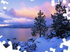 Mountains, winter, trees, viewes, lake