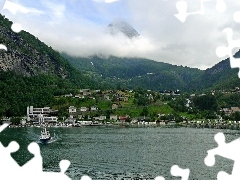 lake, Norway, Mountains, woods, Town, Geiranger