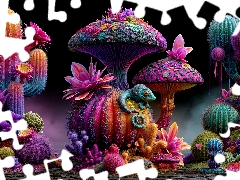 Cactus, Flowers, chameleons, mushrooms