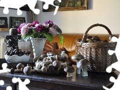 Bouquet of Flowers, basket, mushrooms