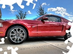 Mustang GT, Red, Sky, clouds, square, Ford