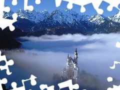 Neuschwanstein, Fog, winter, Castle, Mountains
