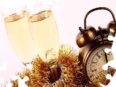 New, year, glasses, Champagne, Clock