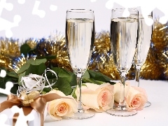 New, year, glasses, Champagne, roses