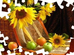 apples, basket, Nice sunflowers