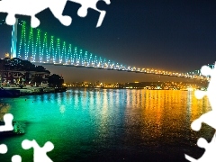 bridge, Night, Turkey, panorama, Istanbul, Floodlit, River, town
